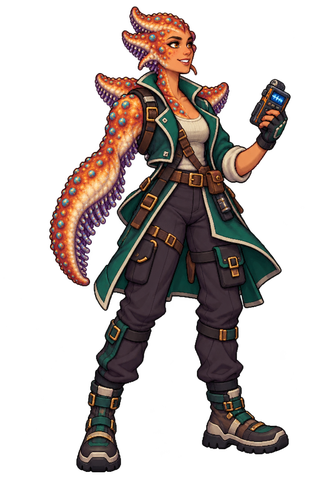 Independent humanoid astrazoan explorer with an orange starfish head and arm, a green coat and handheld scanner.