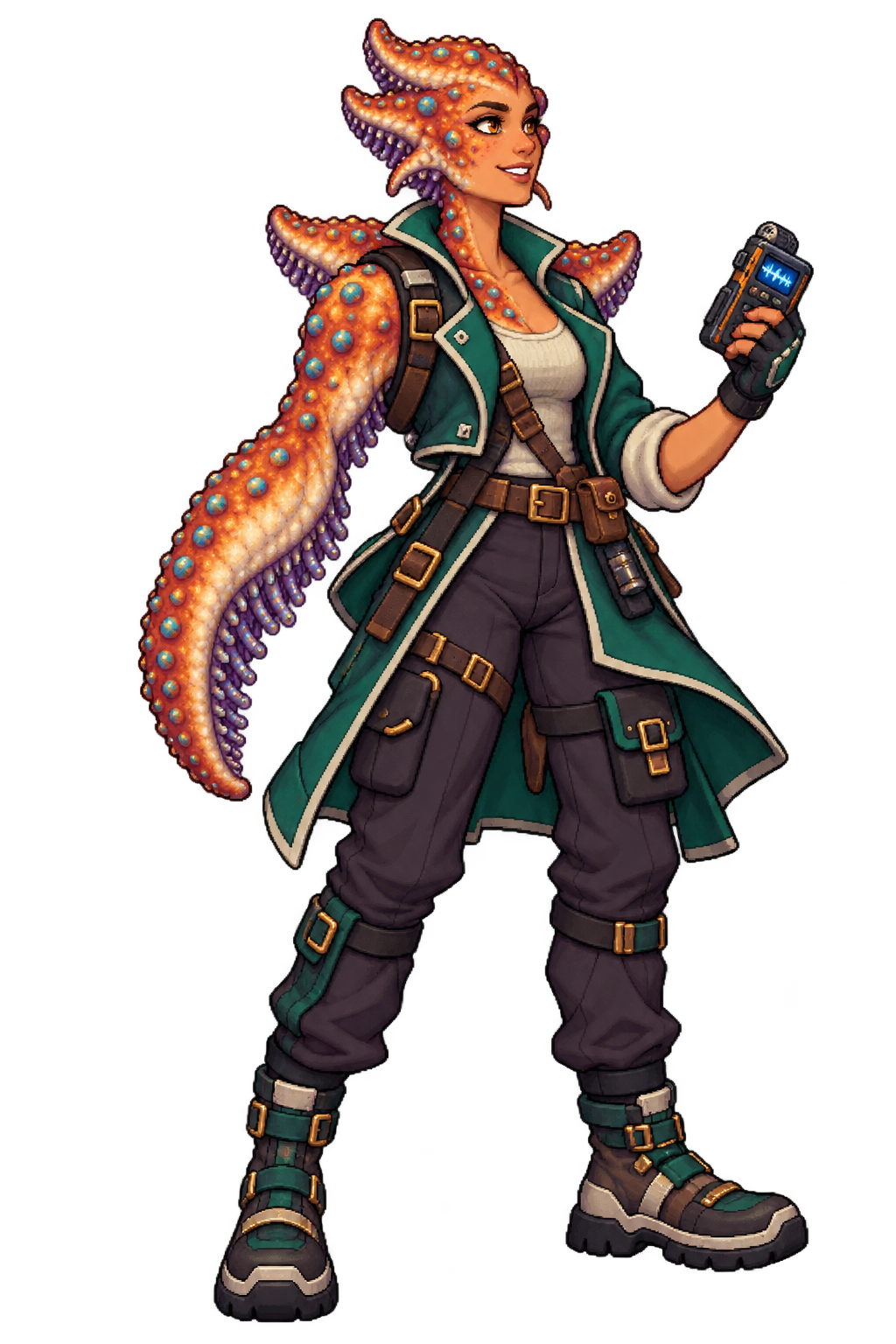 Independent humanoid astrazoan explorer with an orange starfish head and arm, a green coat and handheld scanner.