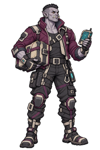 Independent borai orc courier carrying a parcel case and handheld scanner.