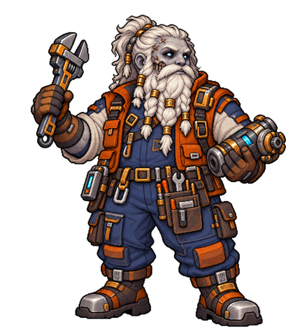 Independent corpsefolk dwarf maintenance engineer with a white beard, tool belt, spanner and mechanical arm.