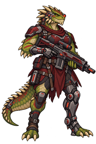 Independent vesk cyborg mercenary in red armour, with a cybernetic eye and rifle.