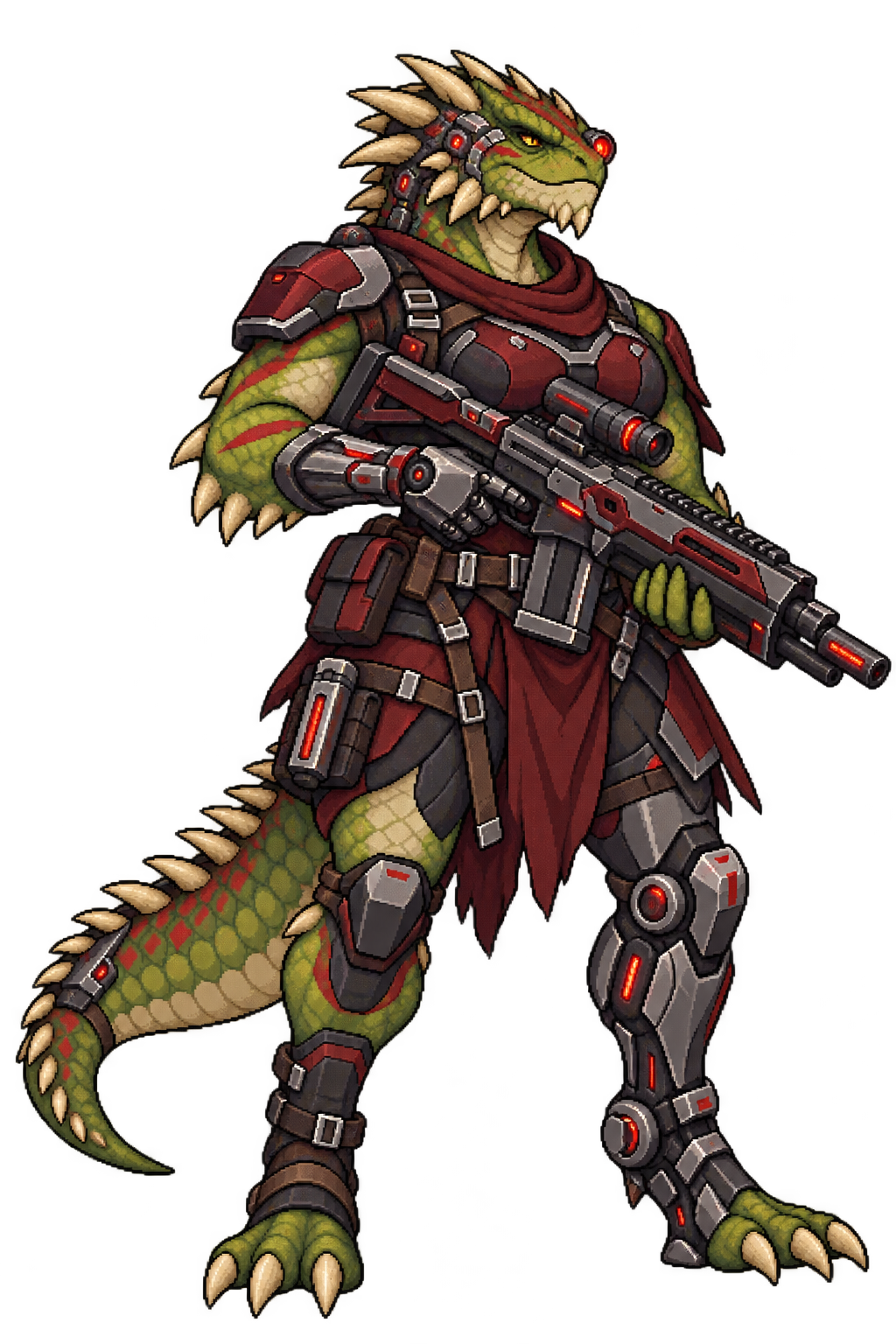 Independent vesk cyborg mercenary in red armour, with a cybernetic eye and rifle.