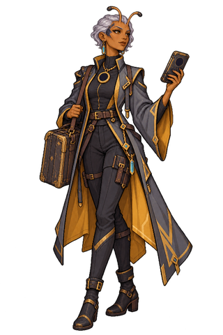 Independent Gap-Touched archivist in a long coat, carrying a data reader and archive case.
