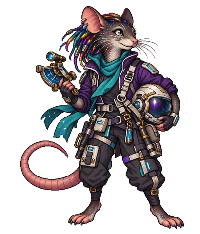 Independent prismeni navigator with fur, a long pink tail, navigation instruments and a glowing orb.
