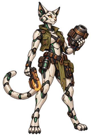 Independent xenometric android with pearl-white pahtra-shaped plating, a segmented tail and a salvage tool.